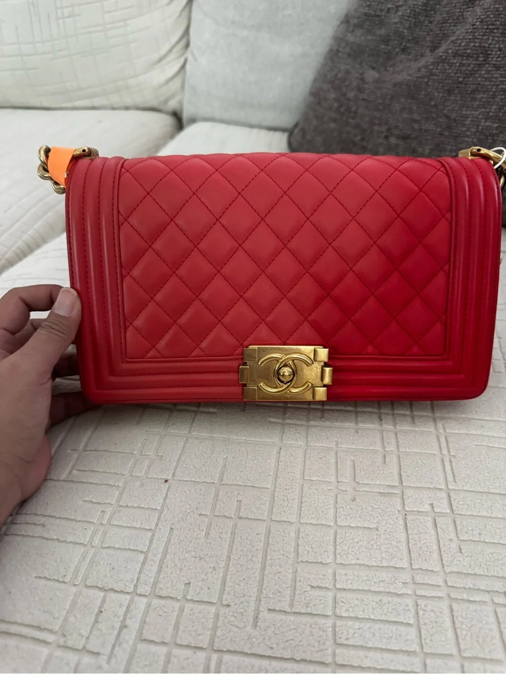 CHANEL Red Quilted Boy Shoulder Bag with Gold Hardware